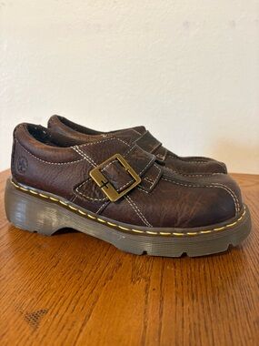 90s Vintage Chunky Doc Martens Brown Mary Jane Leather Buckle Clogs shoes EUR 39